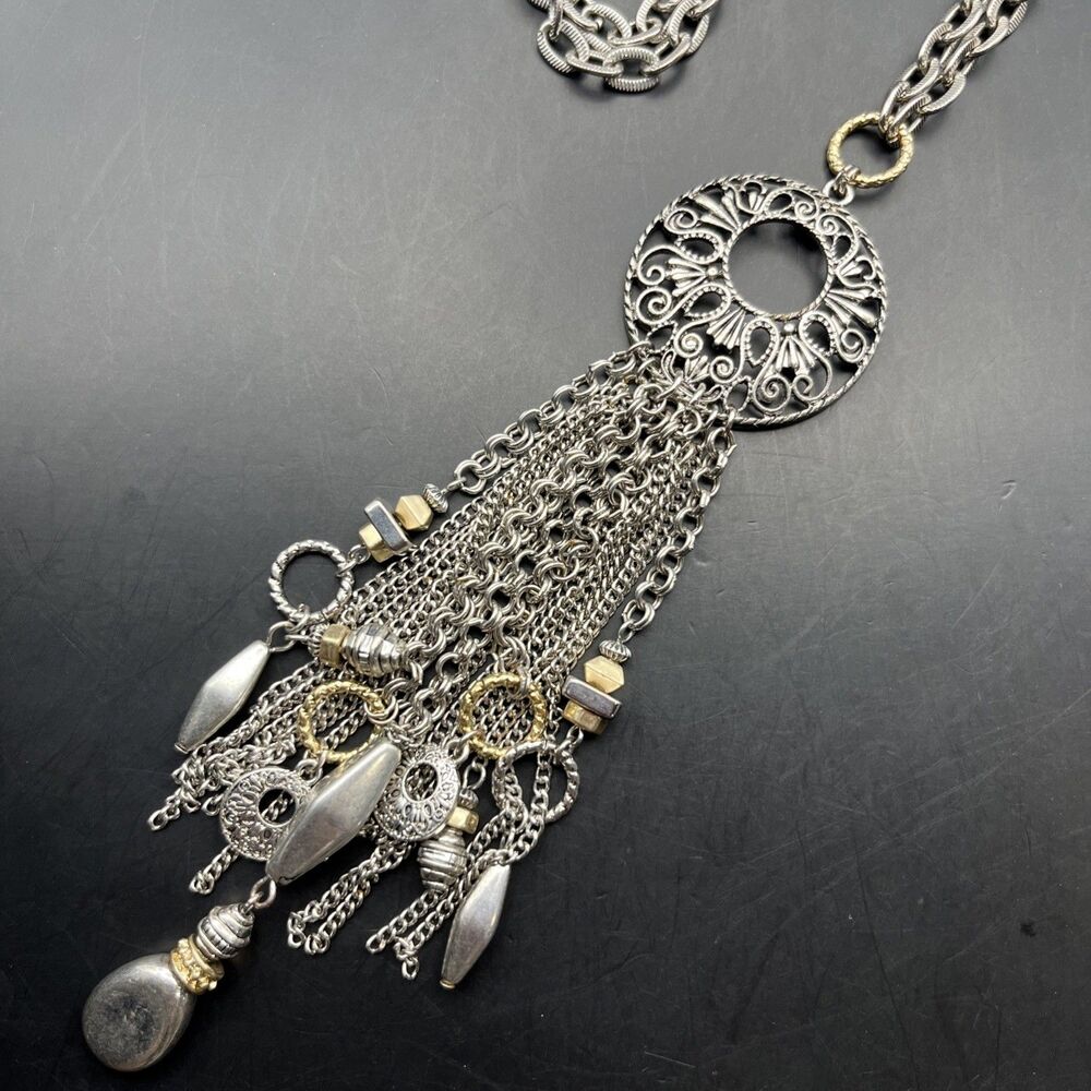 Ruby Rd Statement Necklace Boho Fringe Silver Tone Filigree Medallion Charm Long